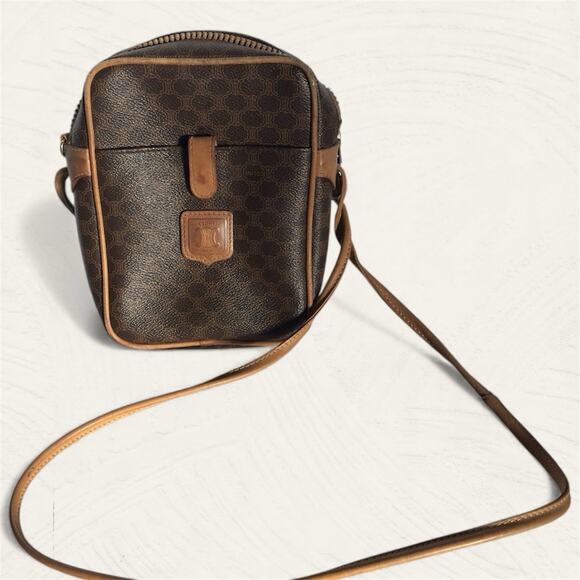 CELINE Macadam 5oc1981 Brown PVC Shoulder Bag Zip Pocket Vintage Authentic - Picture 1 of 12